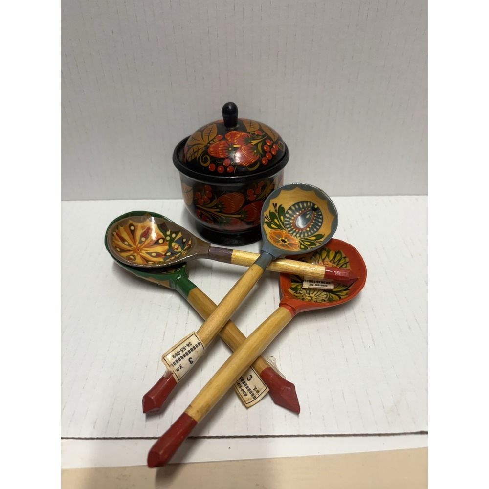 Russian Khokhloma Jar  4 in tall Lidded Wood Lacquer‎ plus 4 spoons - Picture 10 of 11